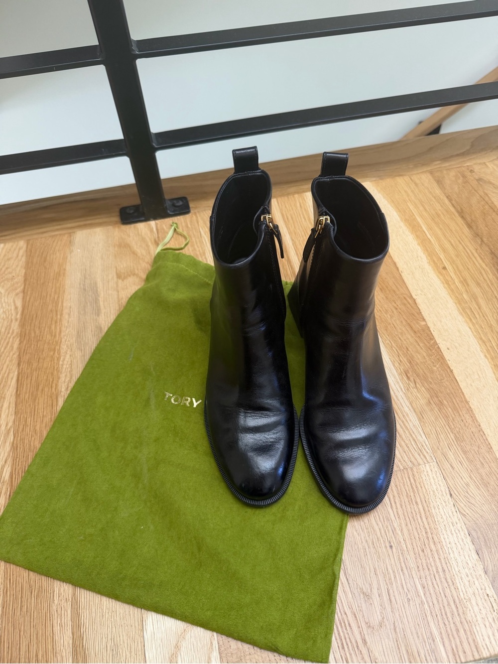 Tory Burch Black Leather Ankle Boots with Gold Zipper